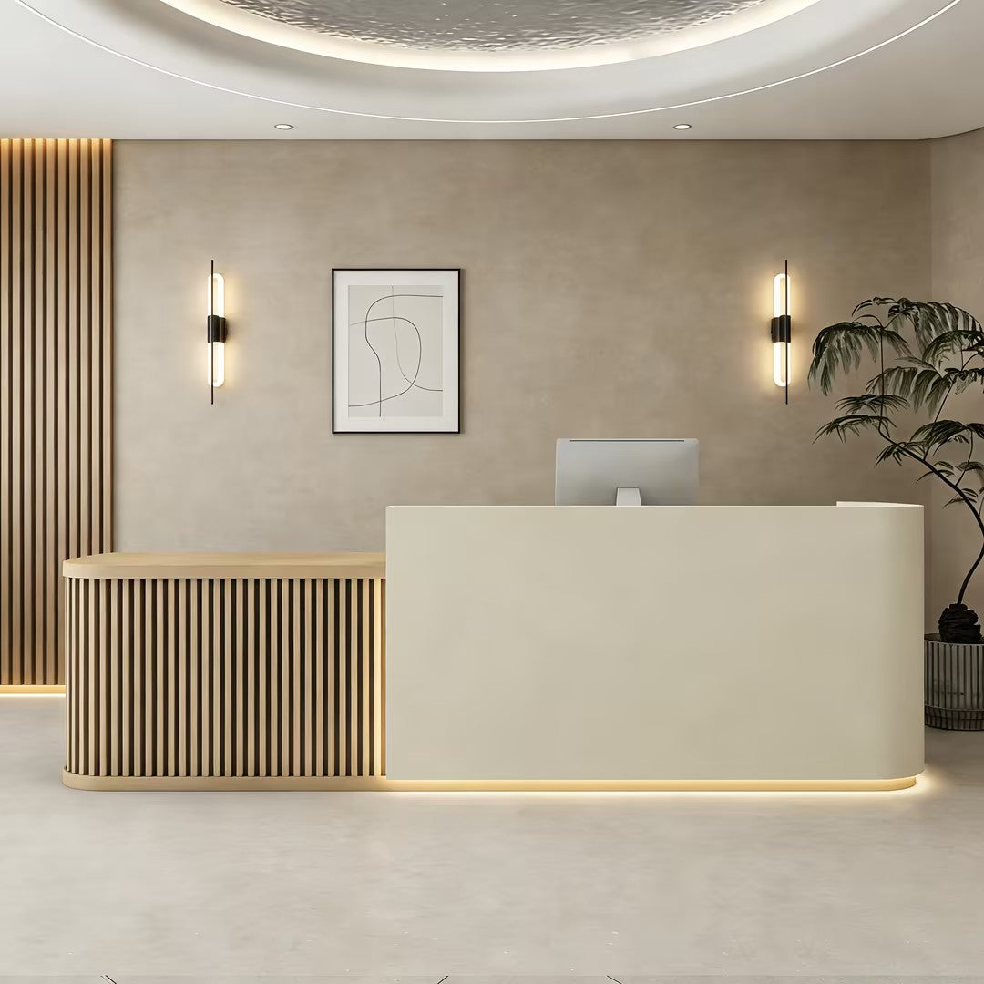 Modern Reception Desk with Natural Timber Slat Accents