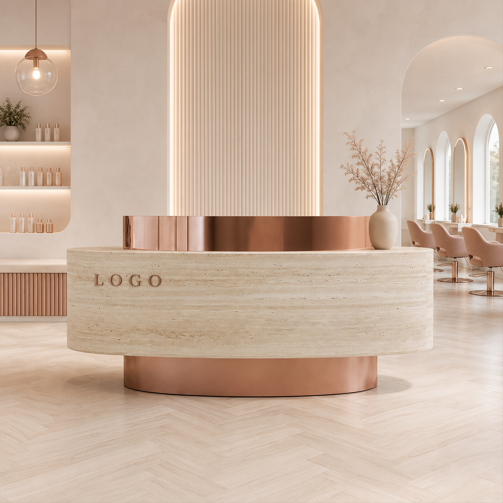 Curved Reception Counter with Custom Branding and Integrated Storage