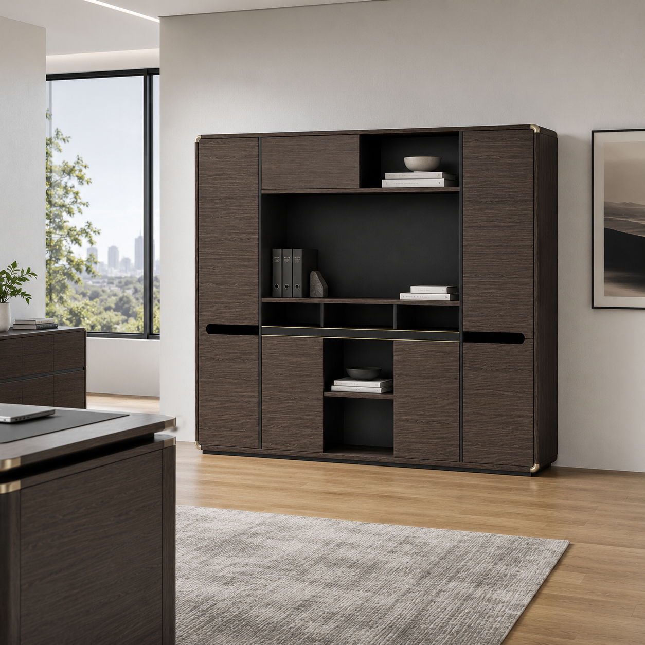 Executive Woodgrain Storage Cabinet with Rounded Corners and Display Shelves