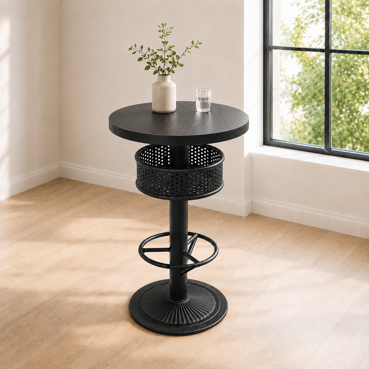 Modern Bar Table with Basket Storage and Foot Rail