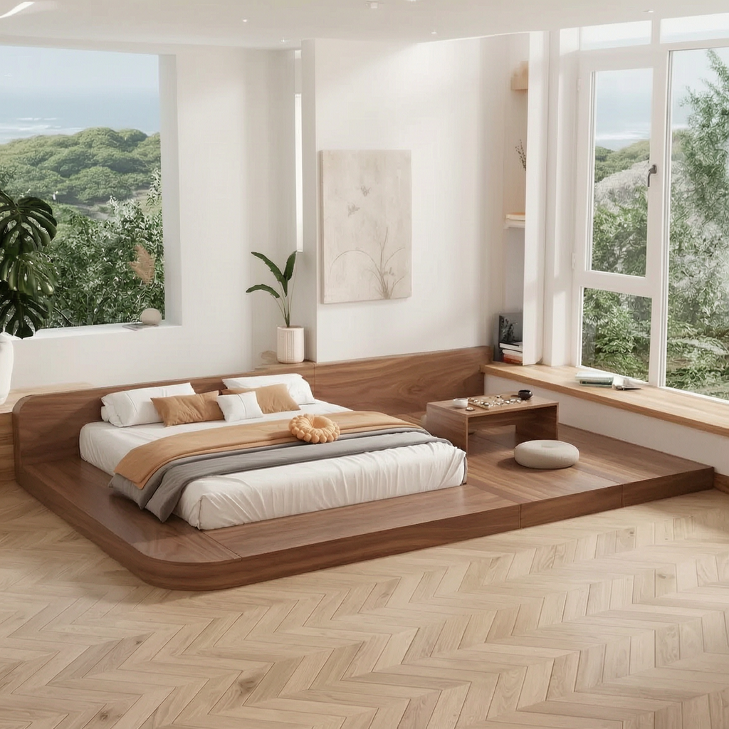 Minimalist Low Platform Bed Frame with Extended Timber Base and Integrated Side Table