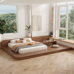 Minimalist Low Platform Bed Frame with Extended Timber Base and Integrated Side Table