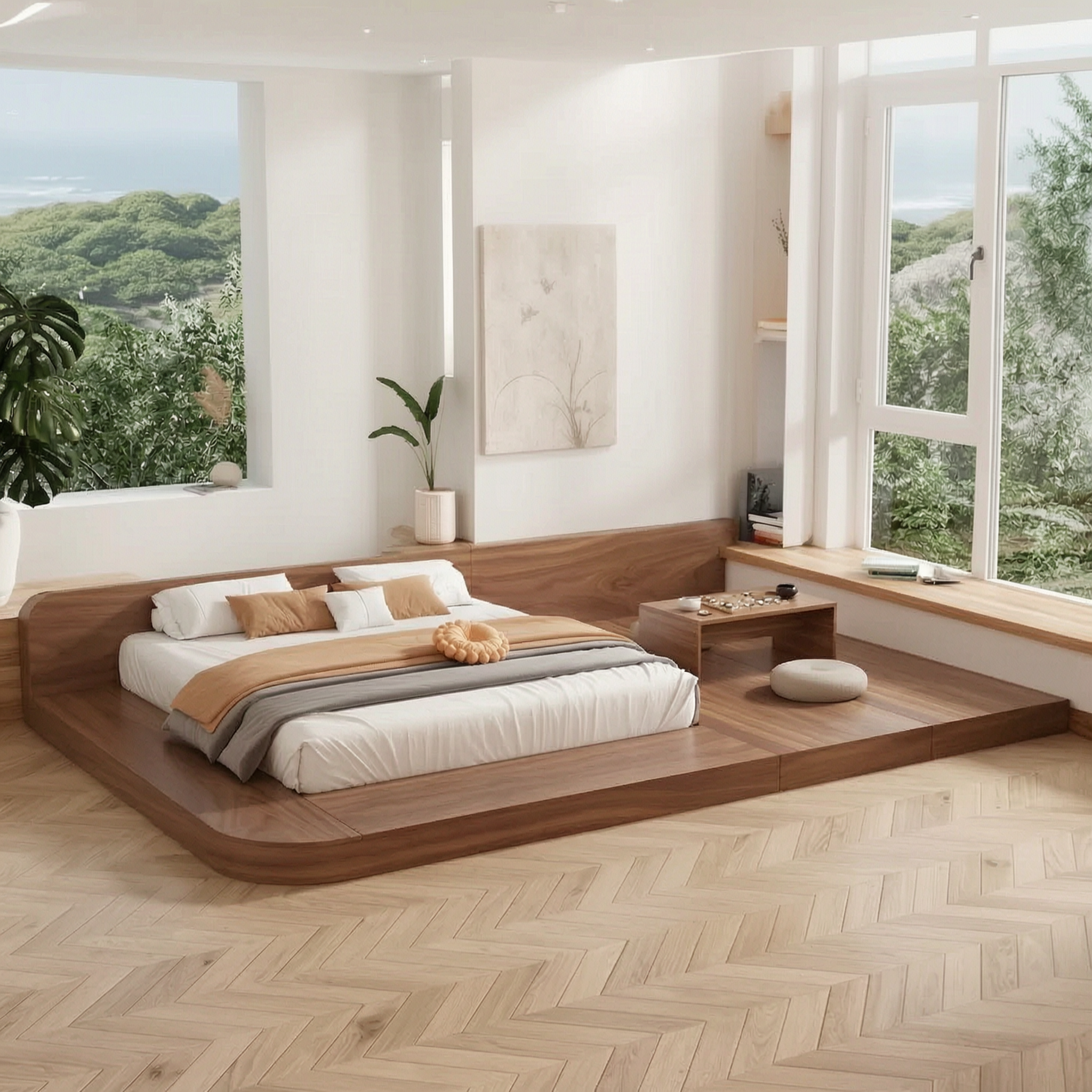 Minimalist Low Platform Bed Frame with Extended Timber Base and Integrated Side Table