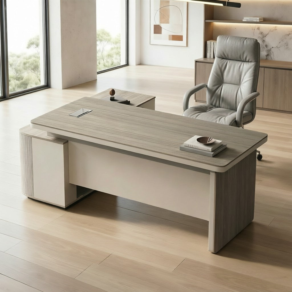 Executive Floating L-Shape Stone Grey Office Desk with Integrated LED Lighting and Storage