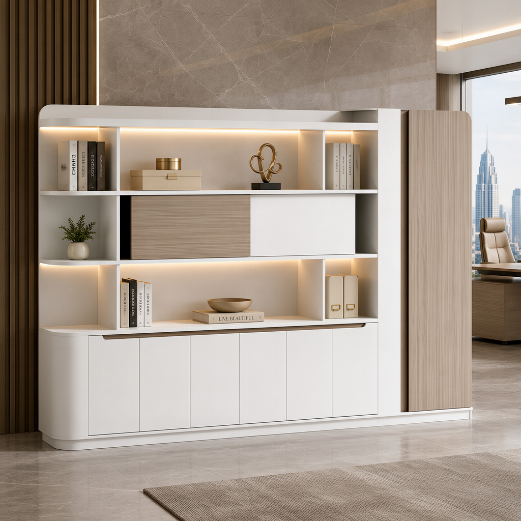 Light Oak Office Cabinet with Warm LED Shelves