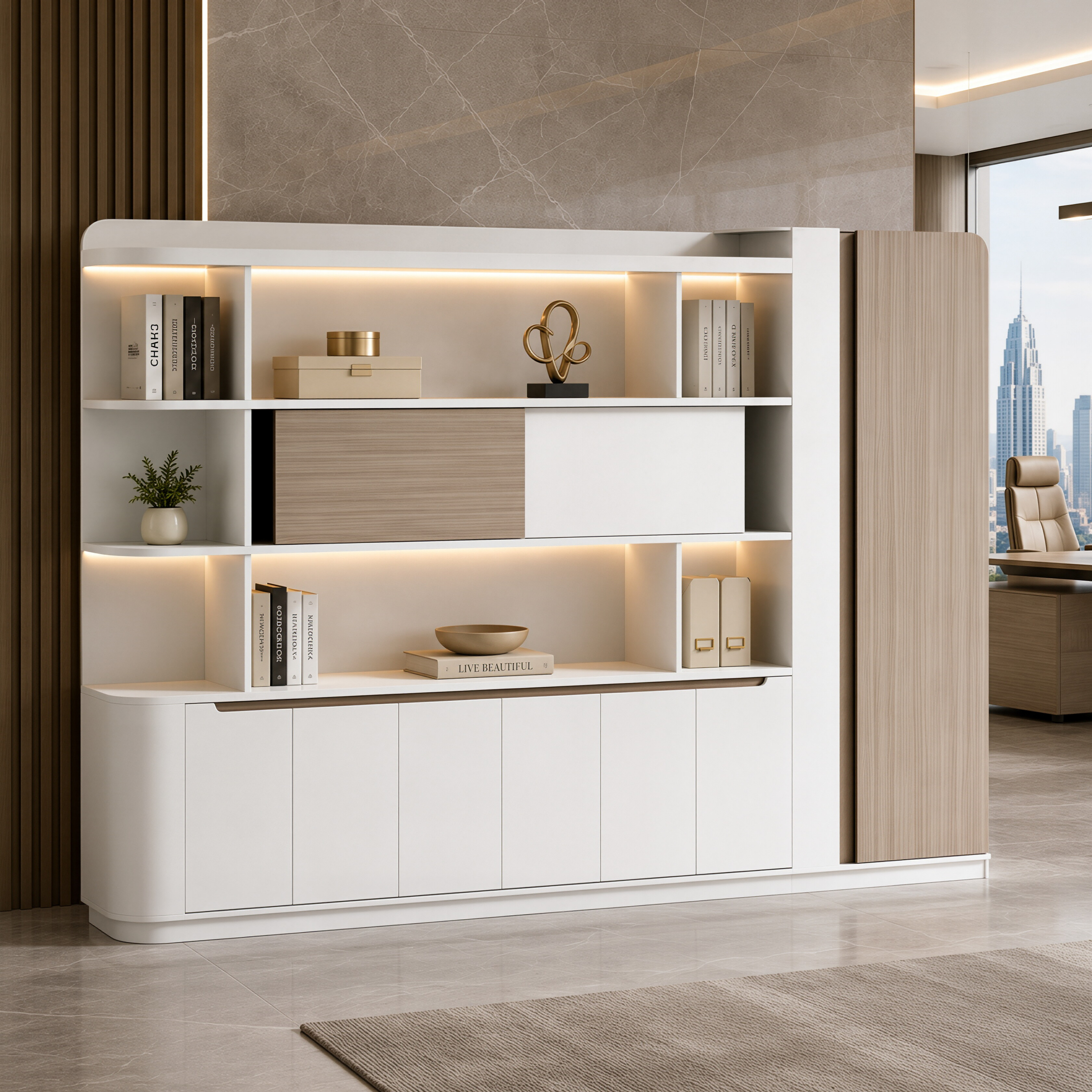 Light Oak Office Cabinet with Warm LED Shelves