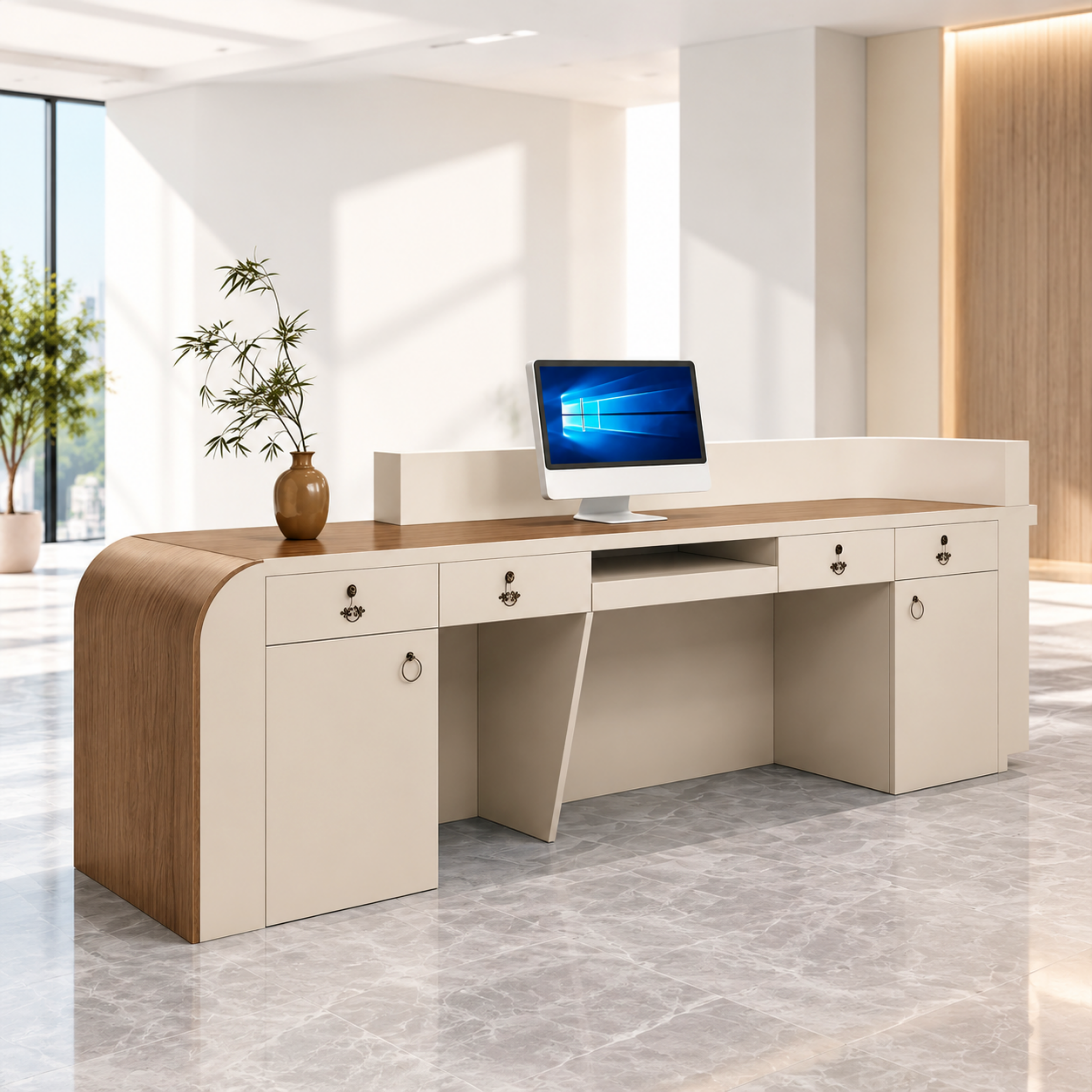 Luxury Reception Counter with Backlit Slat Detail and Logo