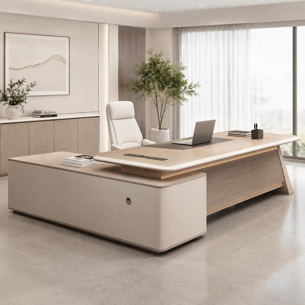 Modern Light Oak Executive Office Desk with Privacy Panel and Side Cabinet