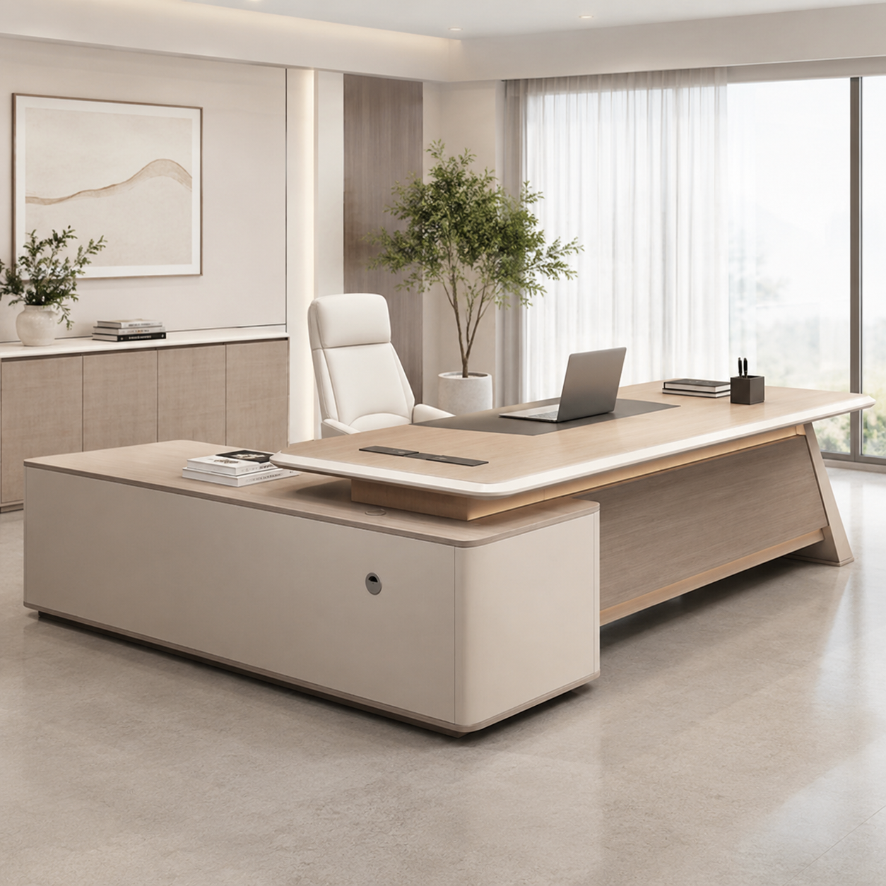 Modern Light Oak Executive Office Desk with Privacy Panel and Side Cabinet