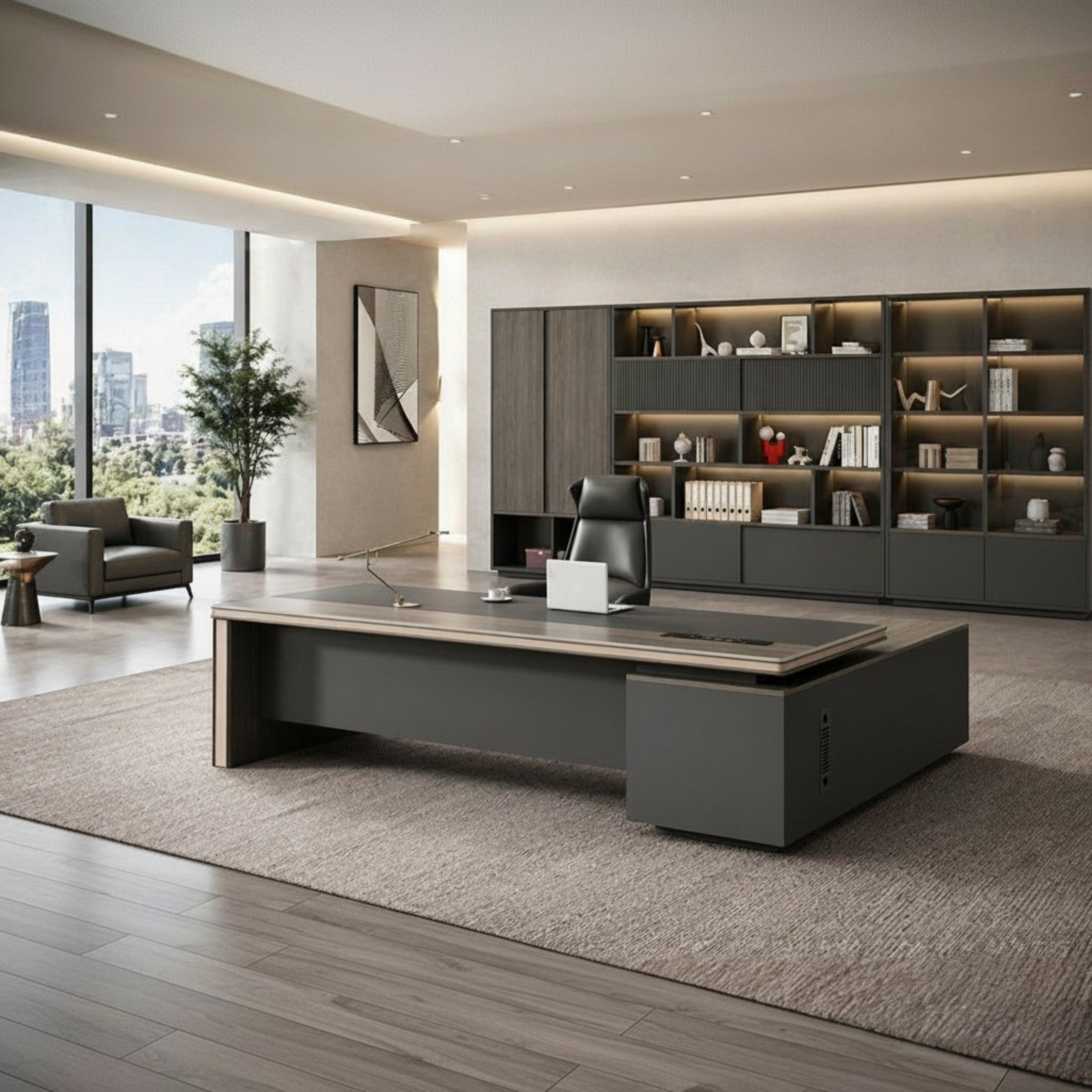 Modern Executive Office Desk with Aluminium Edge Trim and Integrated Cable Management