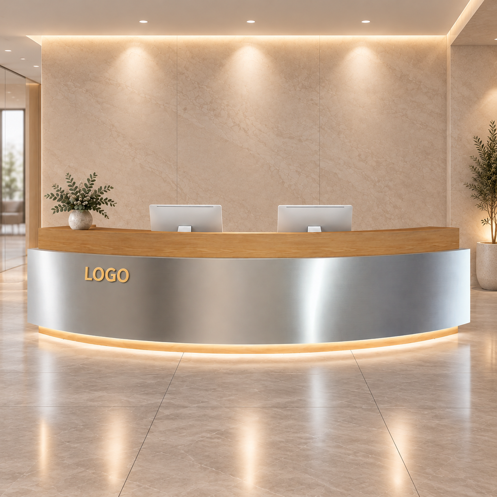 Contemporary Curved Reception Desk with Stainless Steel, LED and Custom Logo
