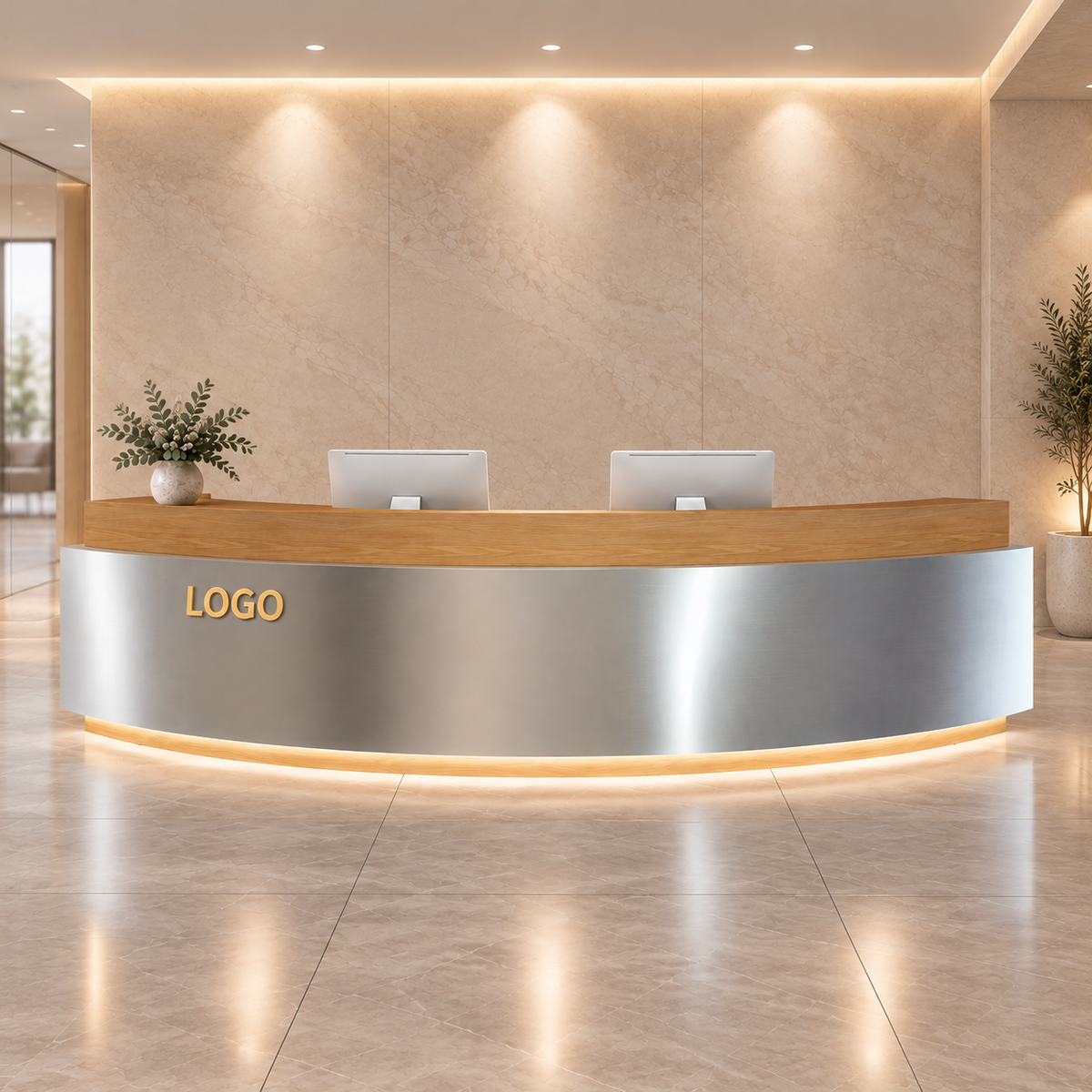 Contemporary Curved Reception Desk with Stainless Steel, LED and Custom Logo
