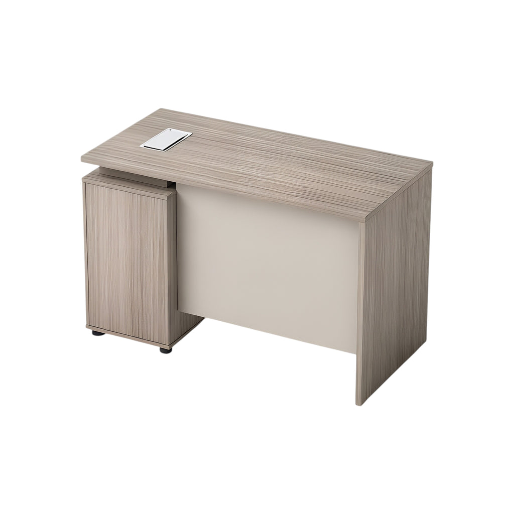 Executive Floating L-Shape Stone Grey Office Desk with Integrated LED Lighting and Storage