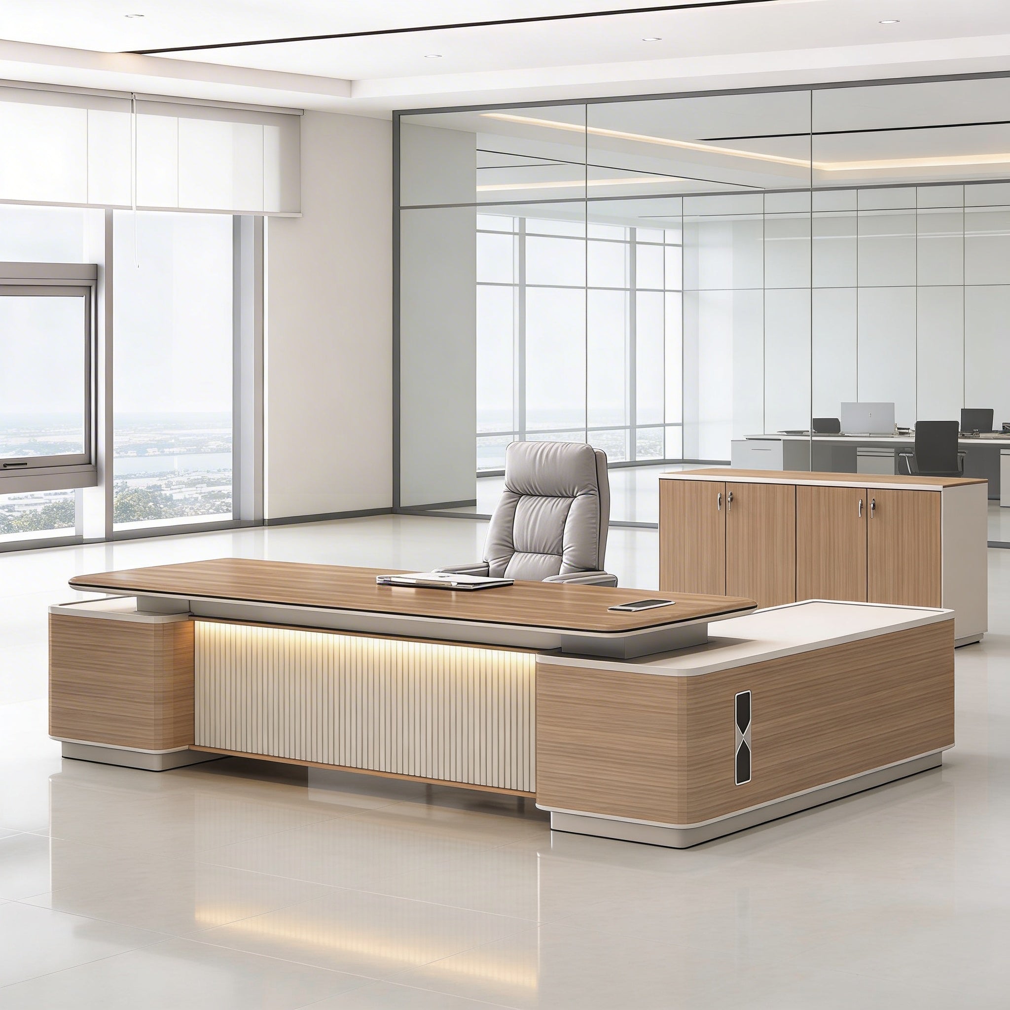 Sophisticated Grand Scale Executive Timber Desk featuring Integrated Side Return and Ambient Lighting
