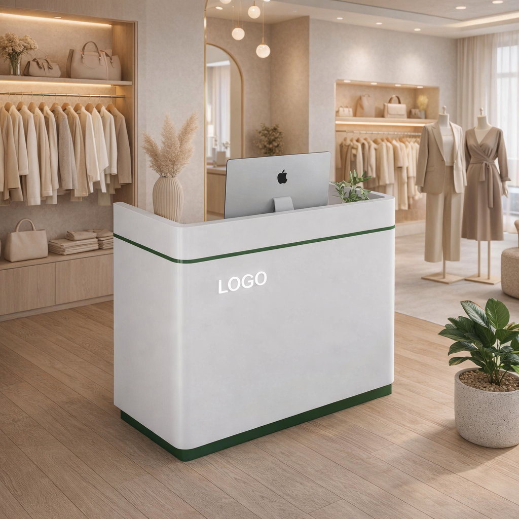 Minimalist Compact Reception Desk with Curved Corners and High-Gloss Finish for Boutique Offices