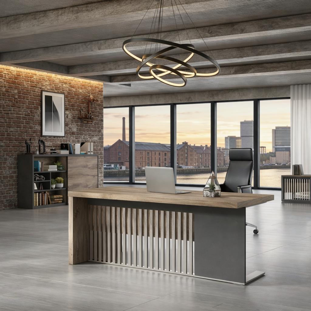 Modern Executive Office Desk with Slatted Privacy Panel and Woodgrain Desktop