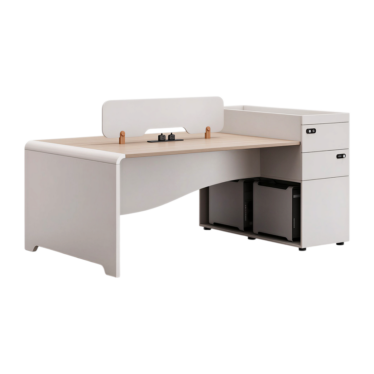 Modern Staff Desk with Curved Privacy Screen & Side Cabinet