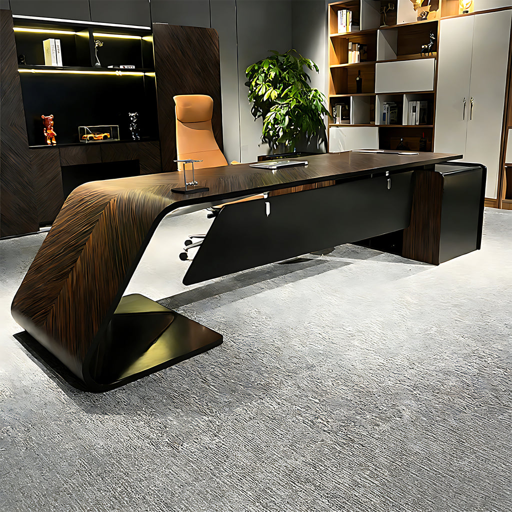 Premium Zebrawood Executive Desk with Modern Matte Black Base and Storage