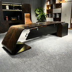 Premium Zebrawood Executive Desk with Modern Matte Black Base and Storage