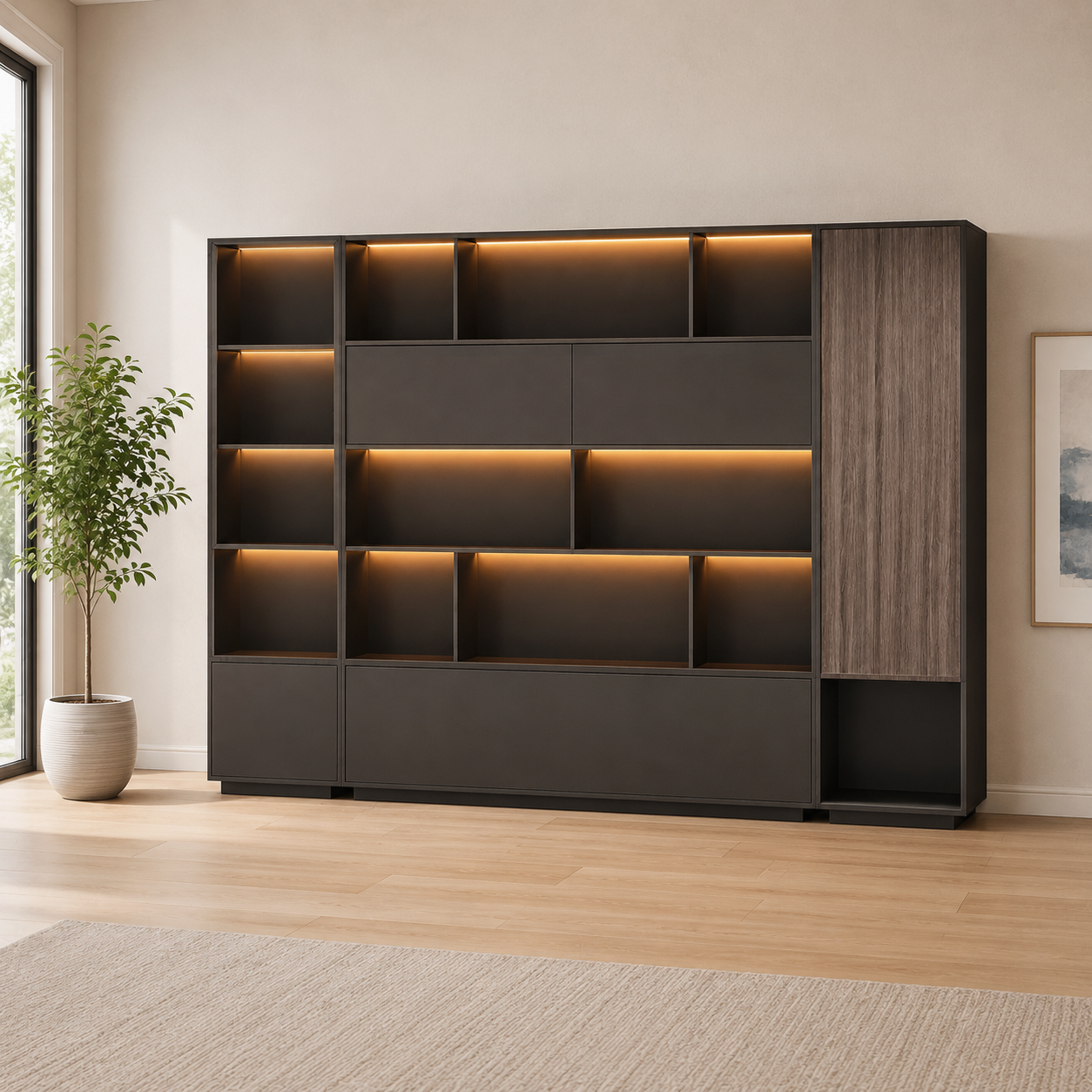Executive Storage Wall Unit with LED Shelving and Wardrobe