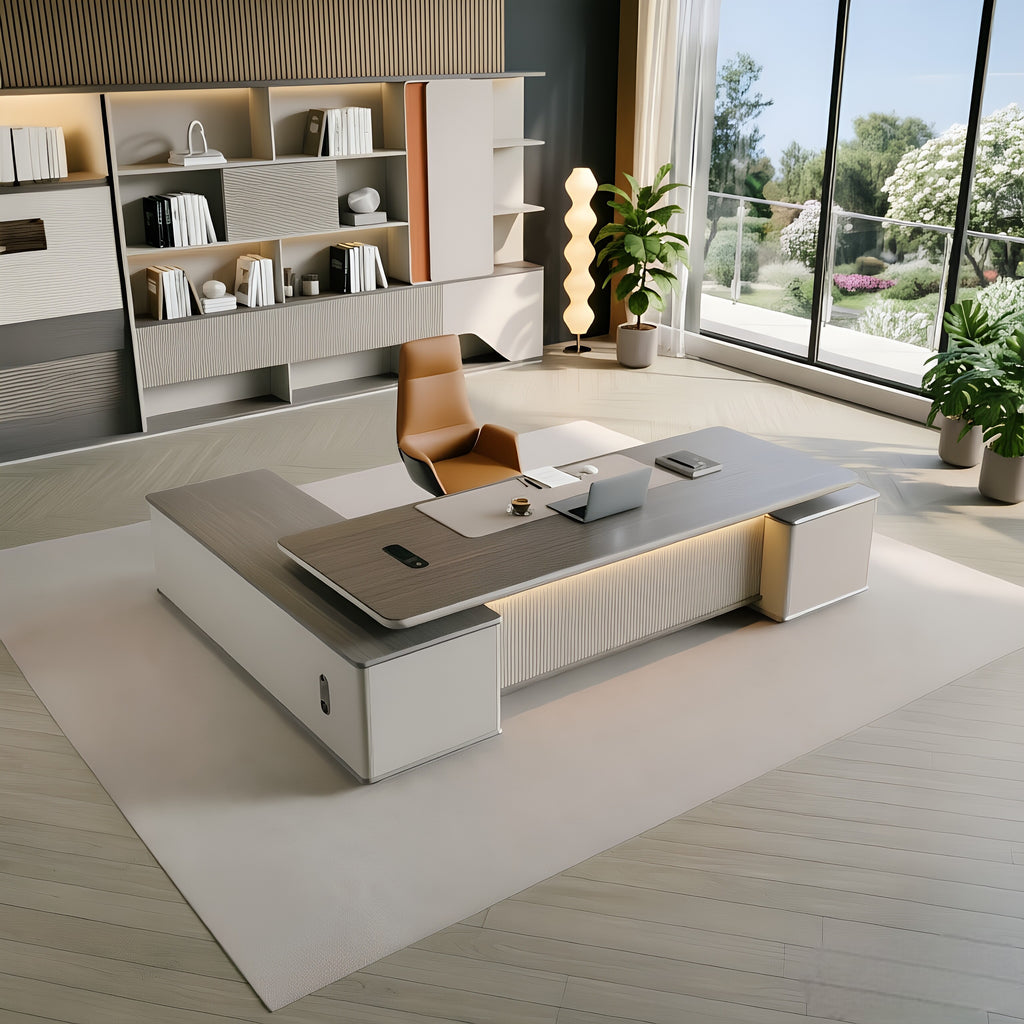 Smart Executive L-Desk with Wireless Charging Station and Integrated LED Ambient Backlighting