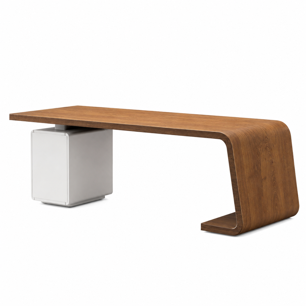 Modern Executive Desk with Curved Timber Side Panel and Integrated Storage