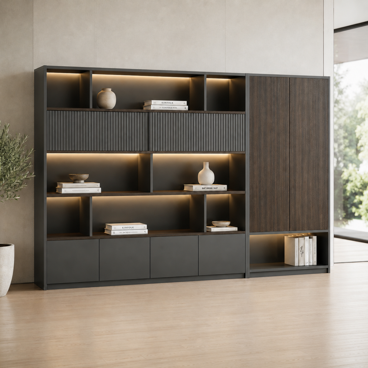 Dark Woodgrain Office Storage Suite with Fluted Panel Doors