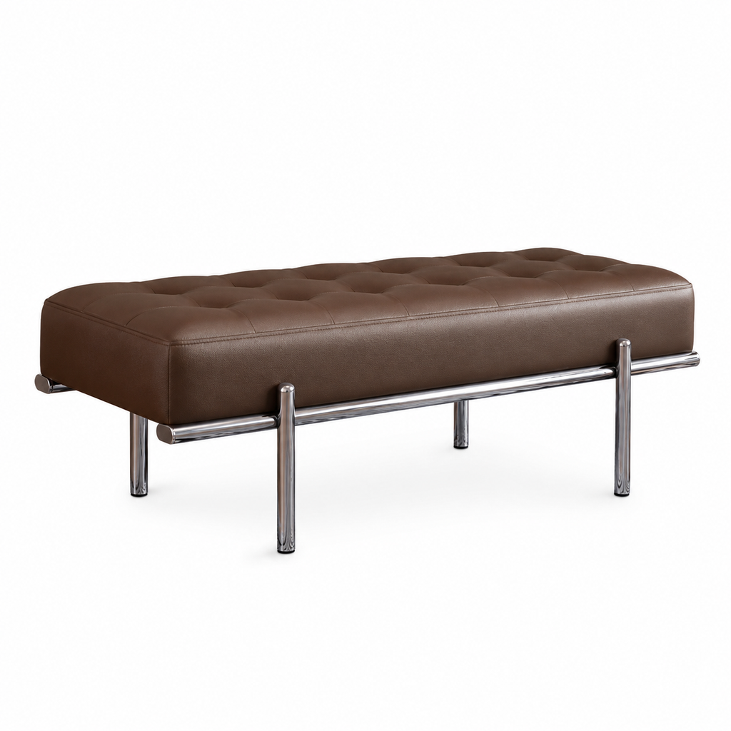 Modern Tufted Leather Bench with Stainless Steel Frame