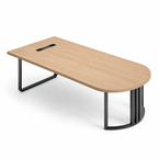 Modern Woodgrain Conference Table with Semi-Round Top, Power Outlet and Statement Metal Legs