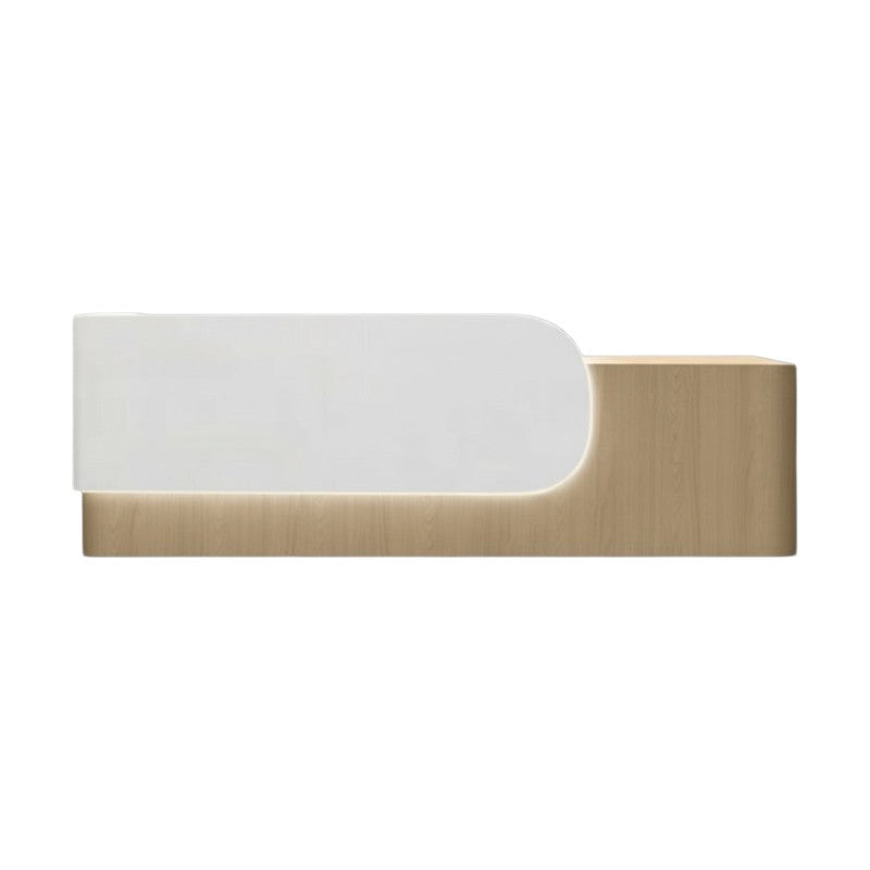 Elegant Reception Counter with Curved White Marble Front and Integrated Lighting for Entryways