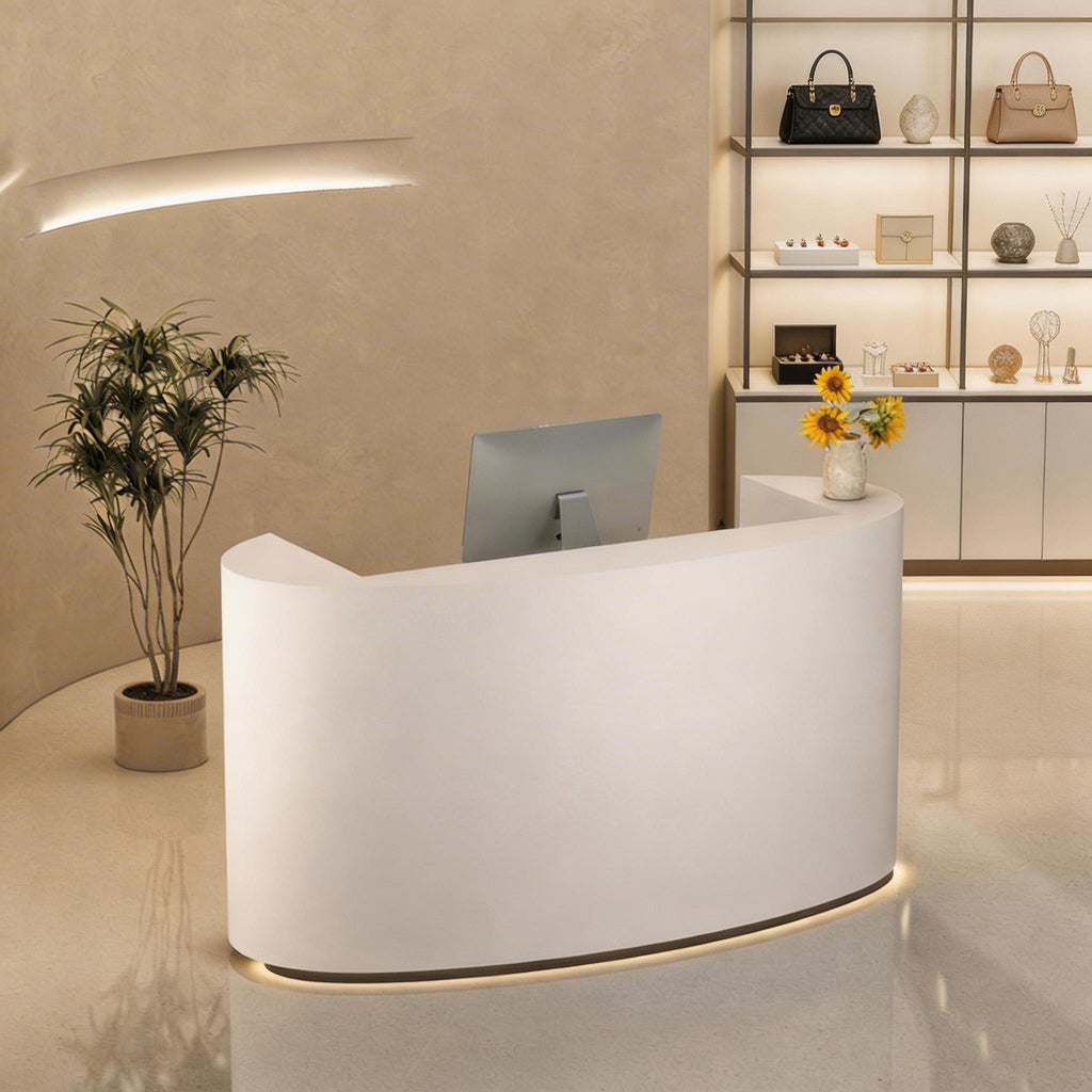 Sleek Sculpted Reception Counter with Backlit LED Base for Salons and Wellness Clinics