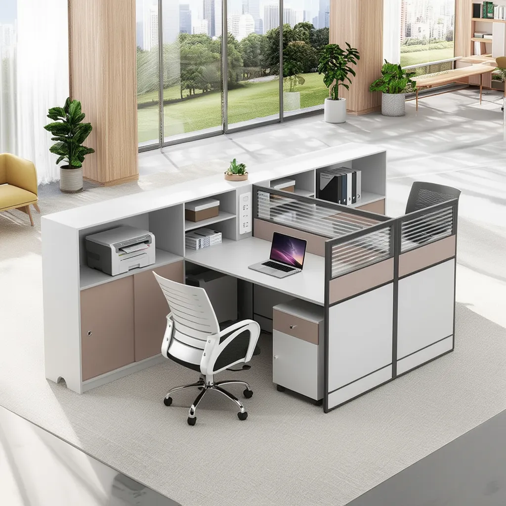 Office Workstation Desk with Privacy Panels and Integrated Storage