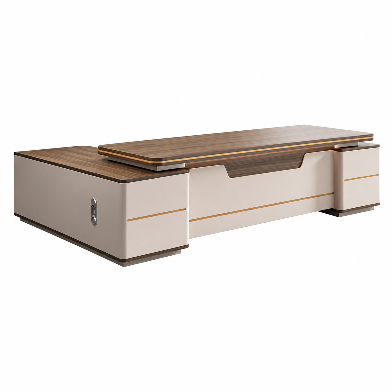 Modern L-Shaped Executive Office Desk with Return Storage, Lockable Drawers and Walnut-Look Worktop