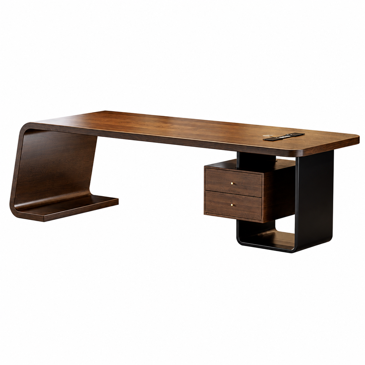 Premium Solid Wood Executive Office Desk with Curved Waterfall Design and Dual Drawers