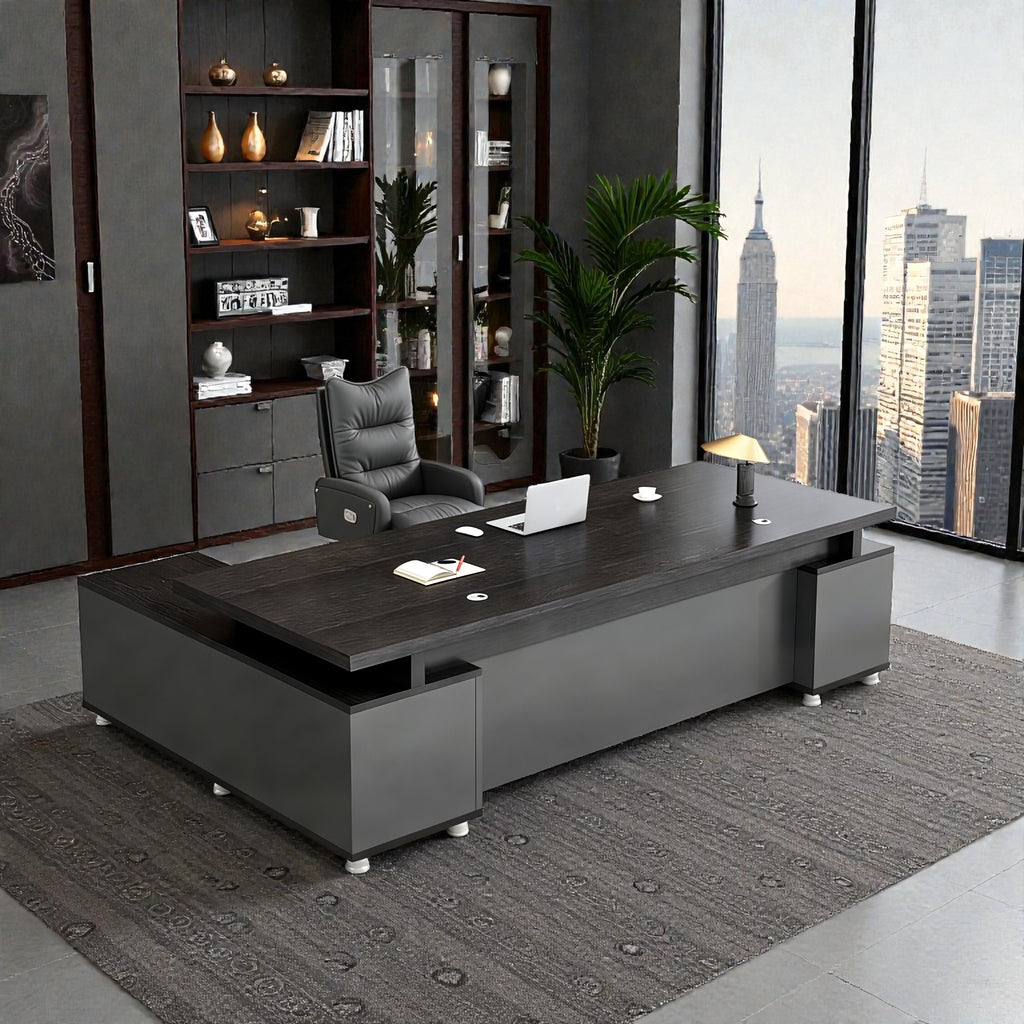 Modern Executive Office Desk With Return, Lockable Storage, Cable Grommets, Two-Tone Finish