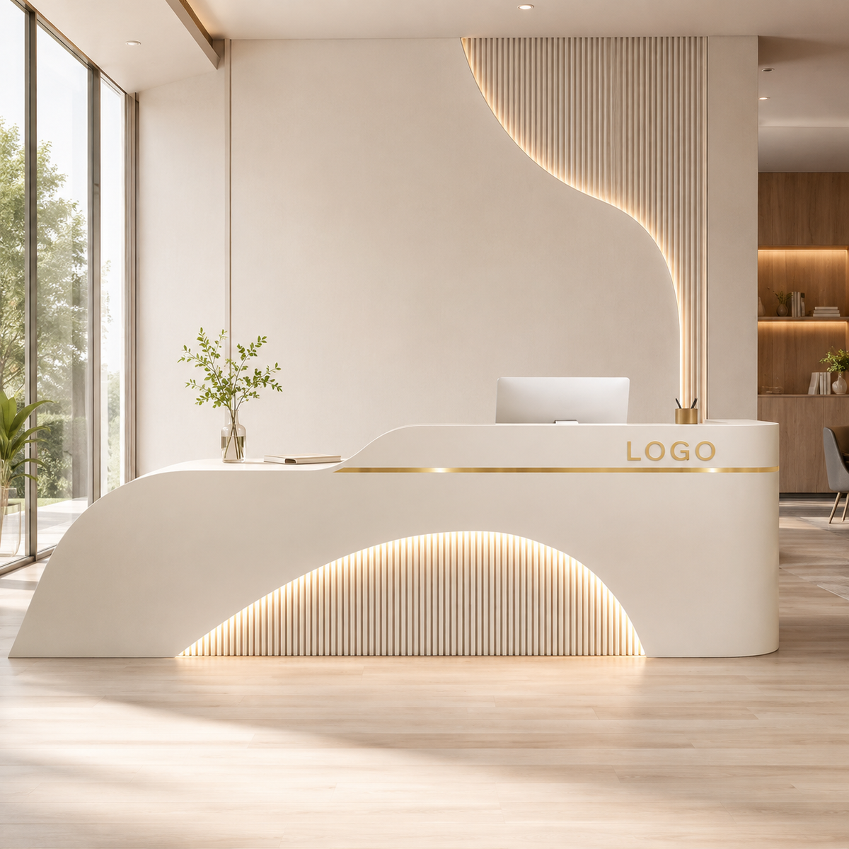 Modern Curved Reception Desk with LED, Storage and Custom Logo