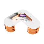 Curved Multi-Person Office Workstation with Divider Panels and Integrated Storage Shelving