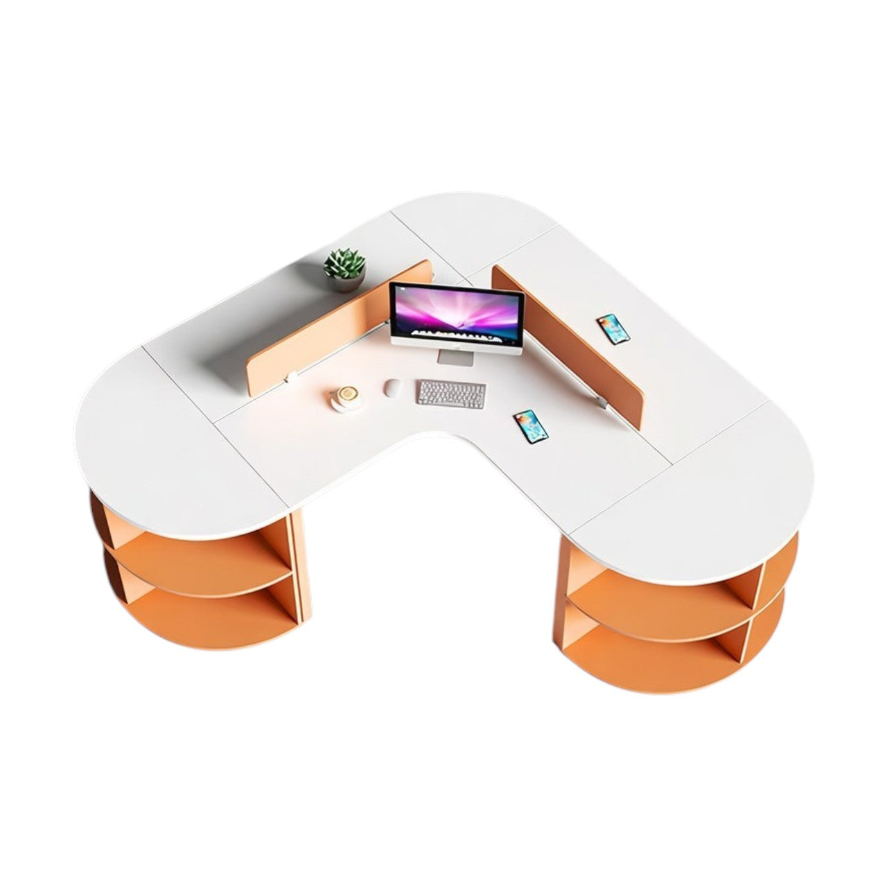 Curved Multi-Person Office Workstation with Divider Panels and Integrated Storage Shelving