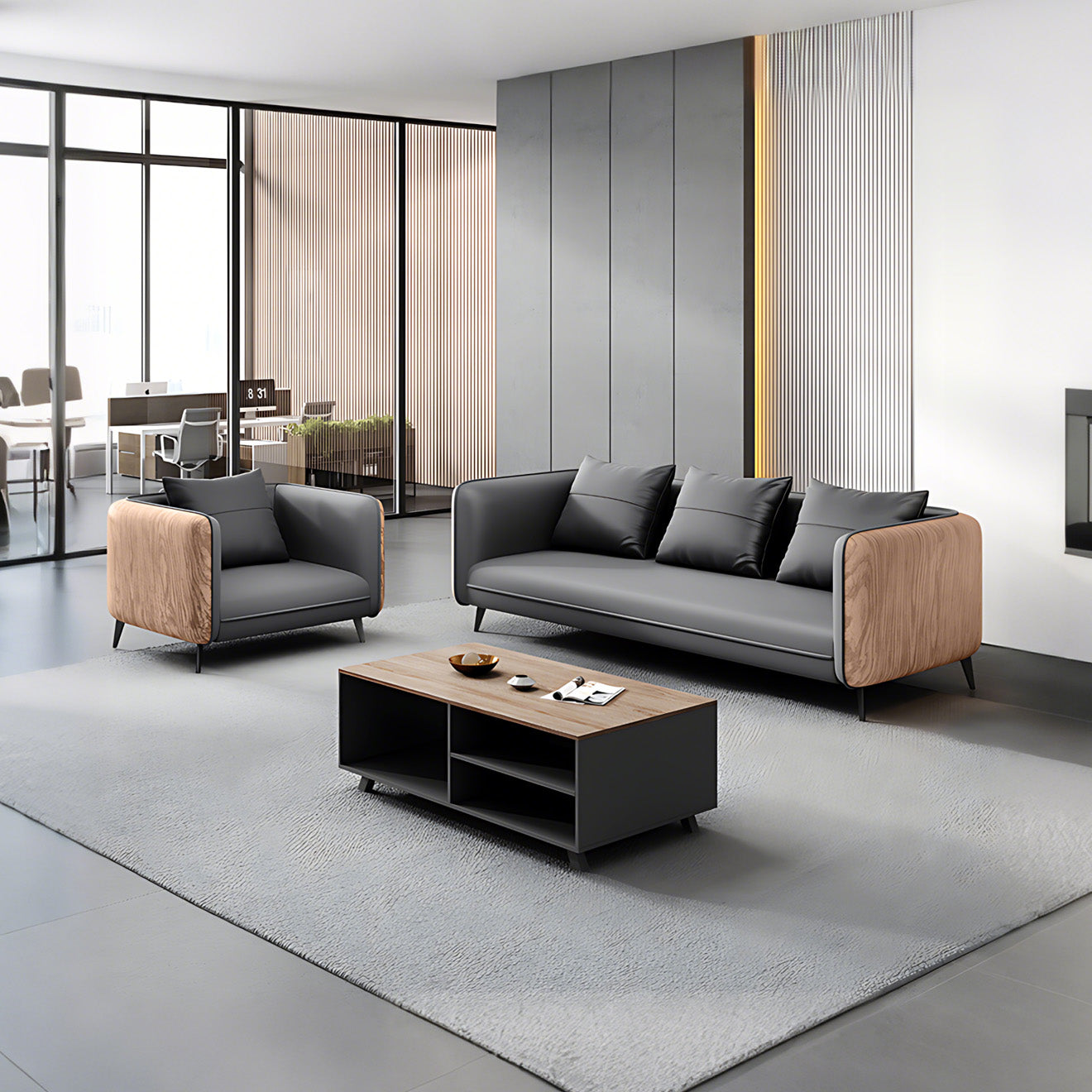 Office Lounge Sofa with Modern Wood-Grain Side Panels