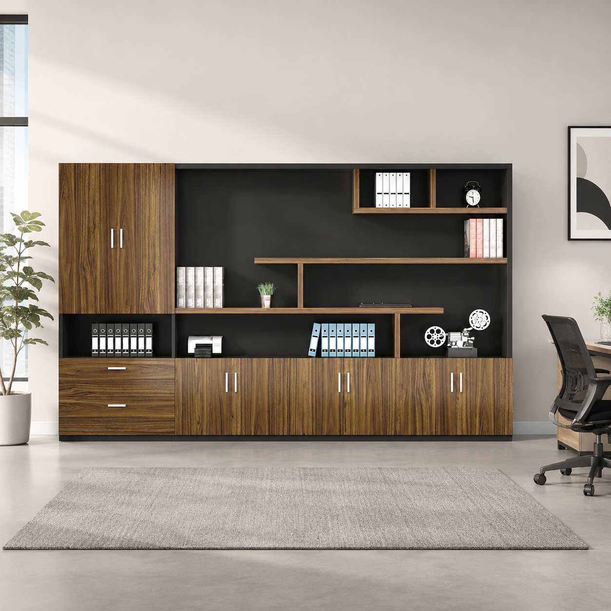 Modern Executive Storage Wall Cabinet with Open Shelving