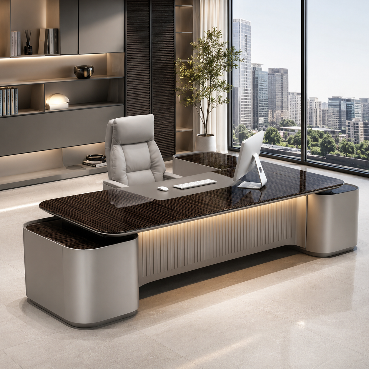 Modern Executive Office Desk with Integrated Storage, LED Lighting and Cable Management
