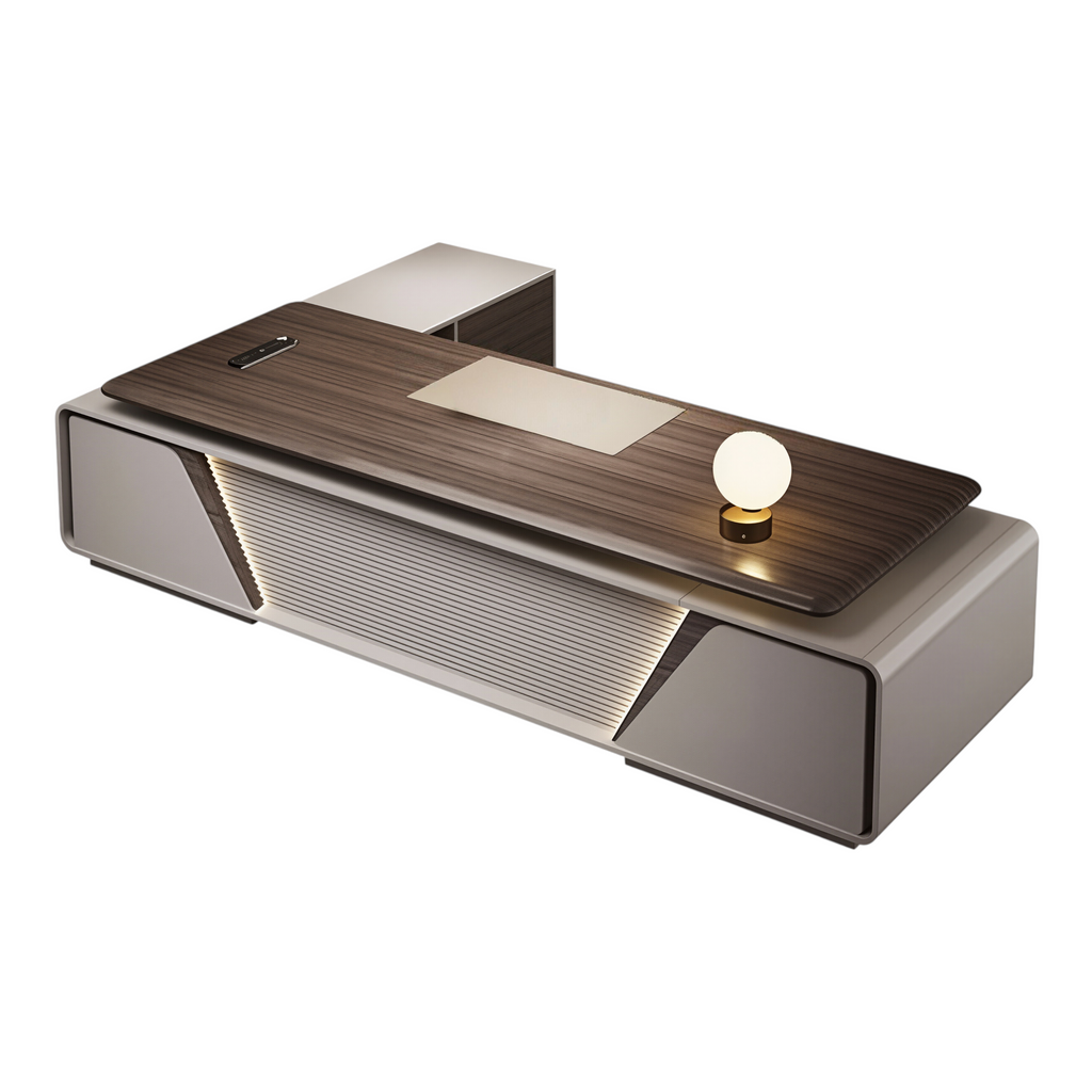 Modern Executive Desk With LED Accent Panel, Integrated Storage Credenza And Rounded Corners