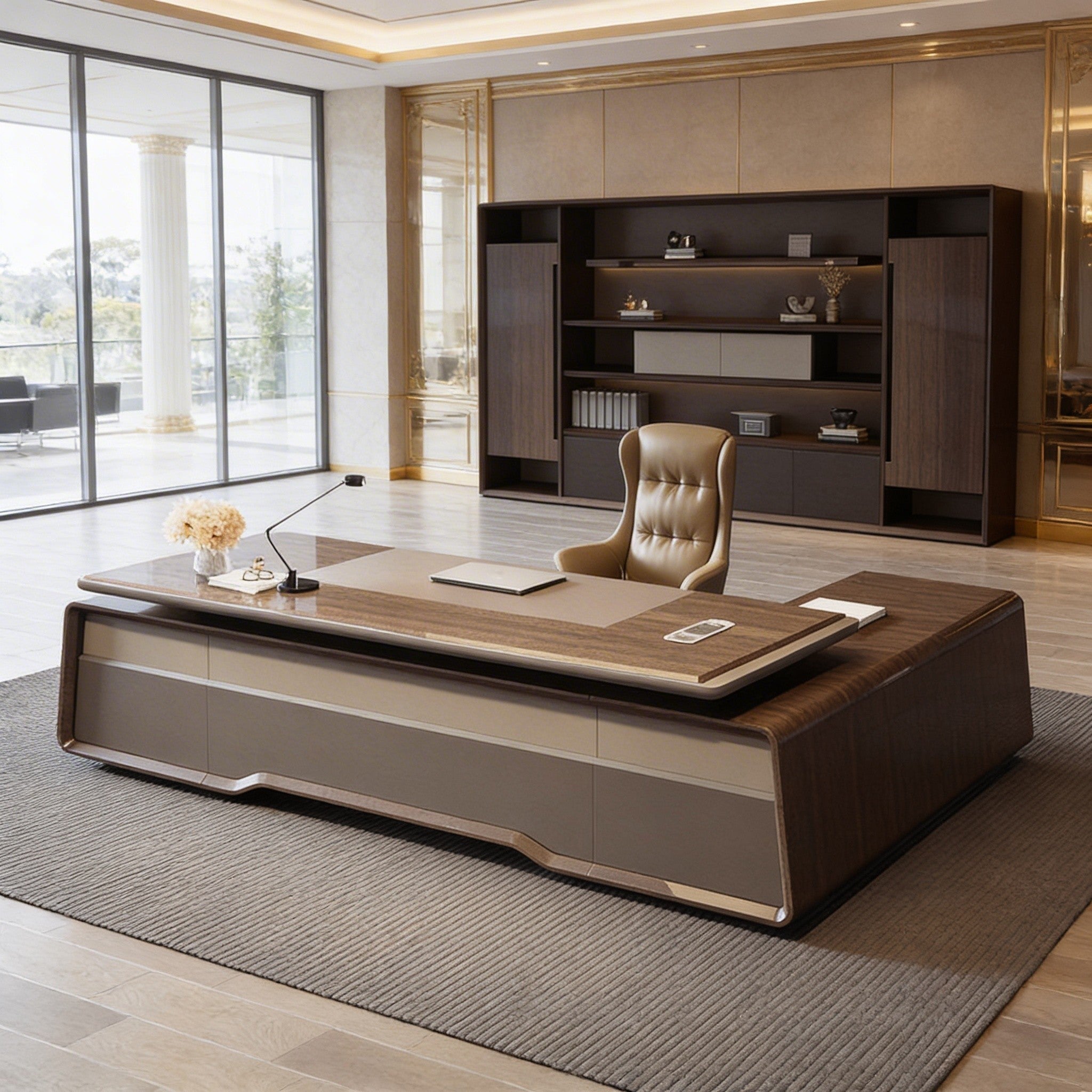 Luxury L-Shaped Executive Desk with Leather Wrapped Panels and Beveled Edge Detailing