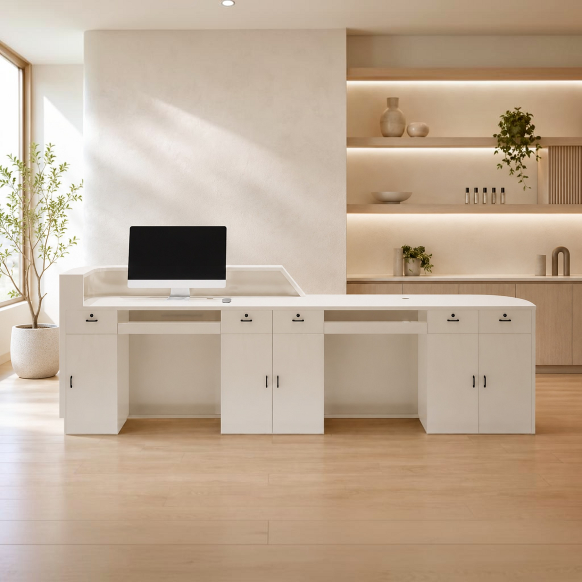 Modern Curved Reception Desk with Fluted Front and LED Base