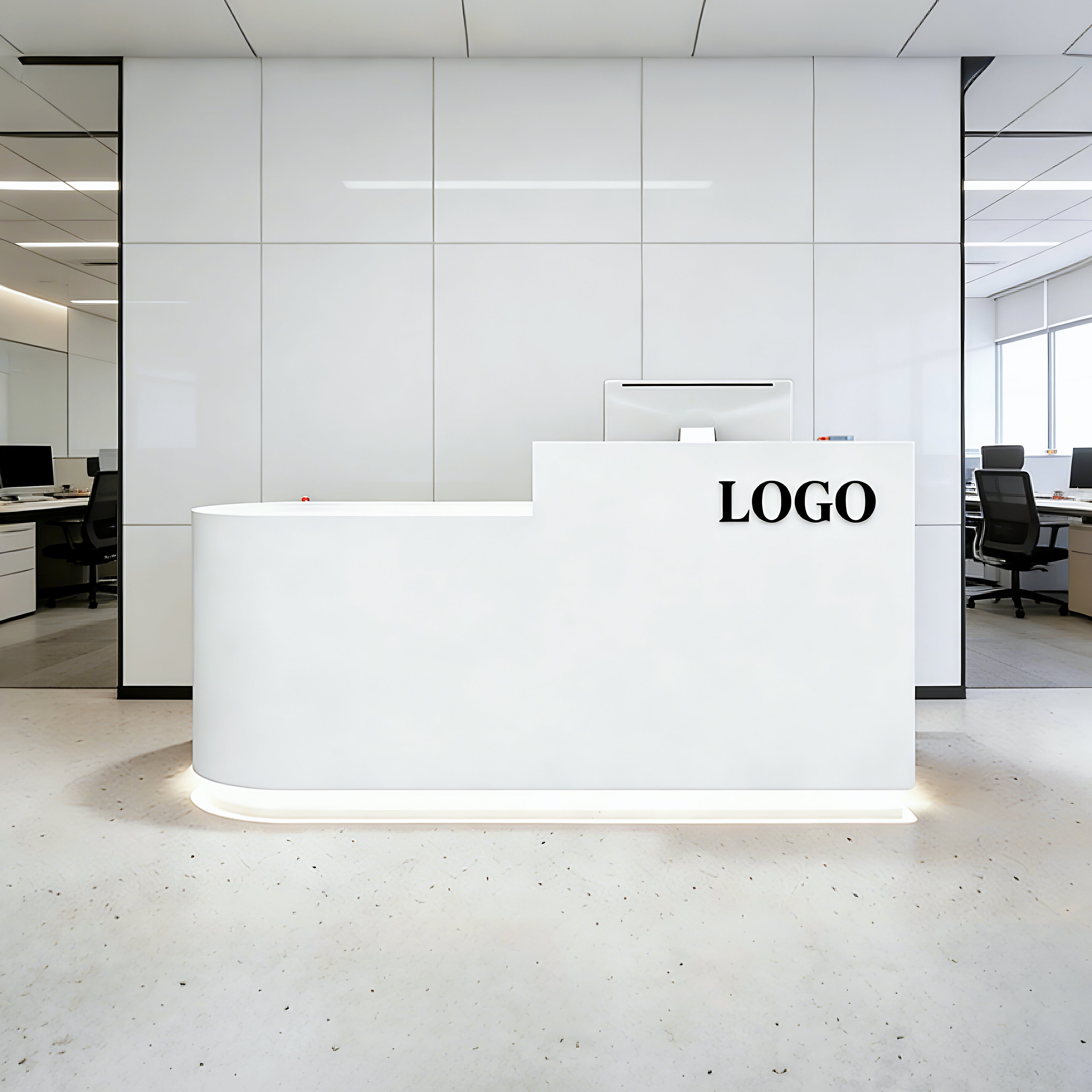 Minimalist L-Shaped Reception Desk with LED Plinth