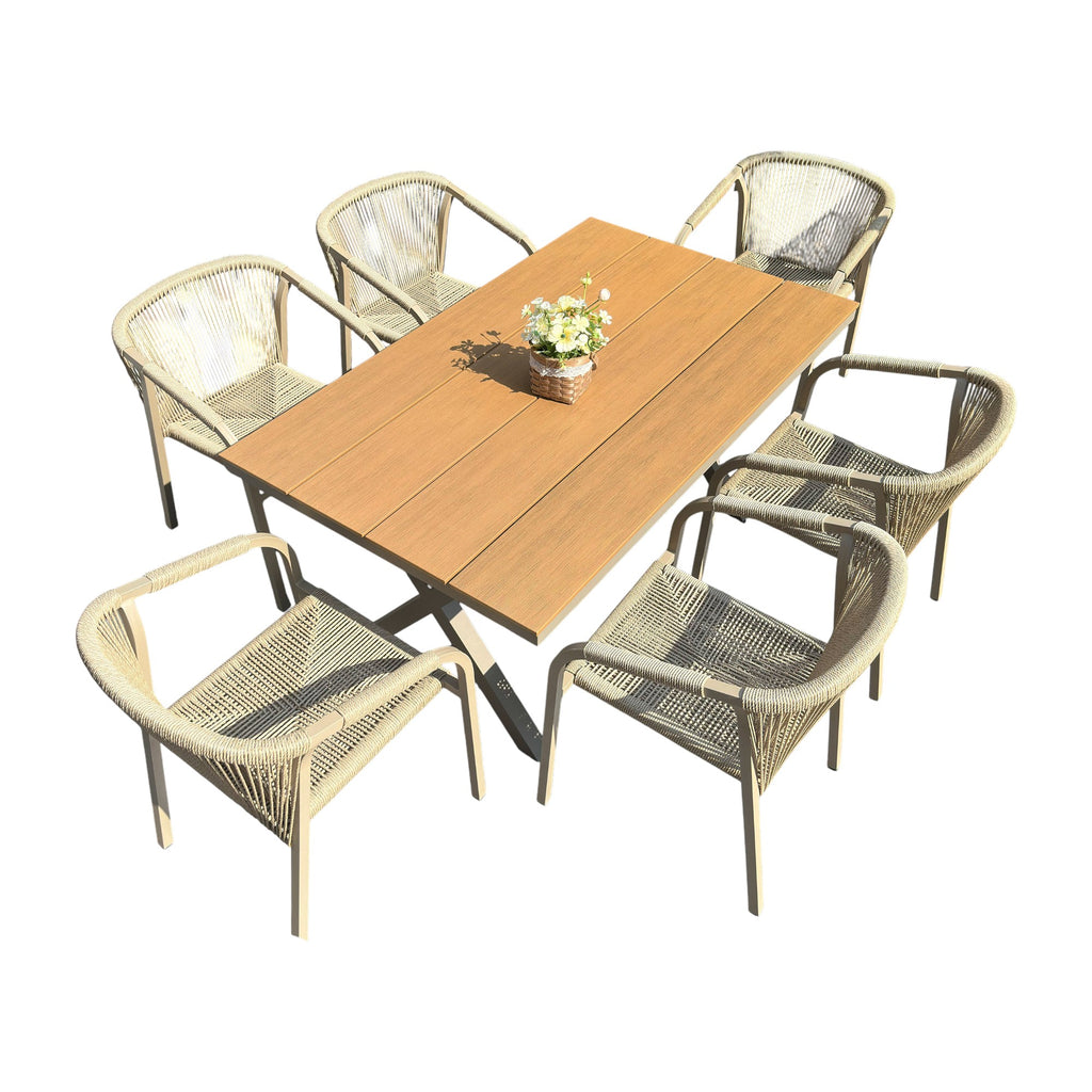 Outdoor Rope-Weave Dining Set With Timber-Look Table