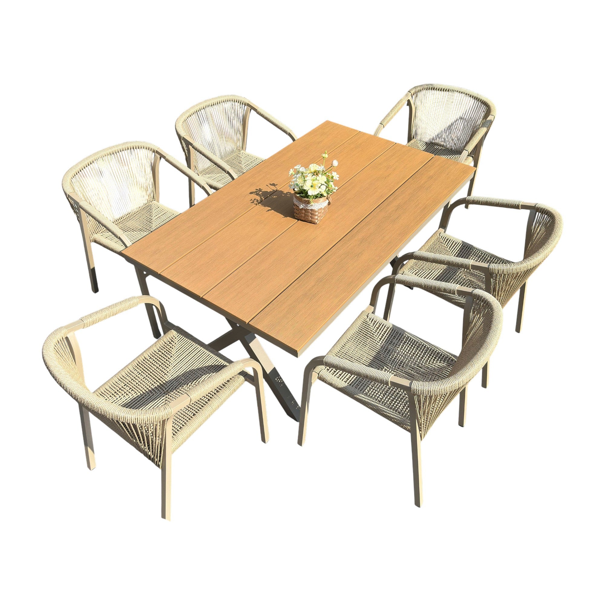 Outdoor Rope-Weave Dining Set With Timber-Look Table