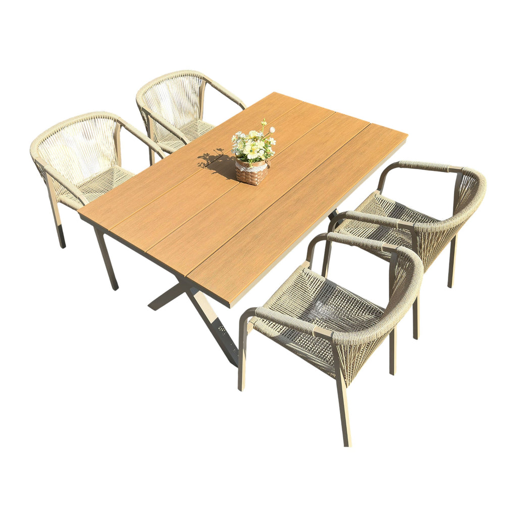 Outdoor Rope-Weave Dining Set With Timber-Look Table