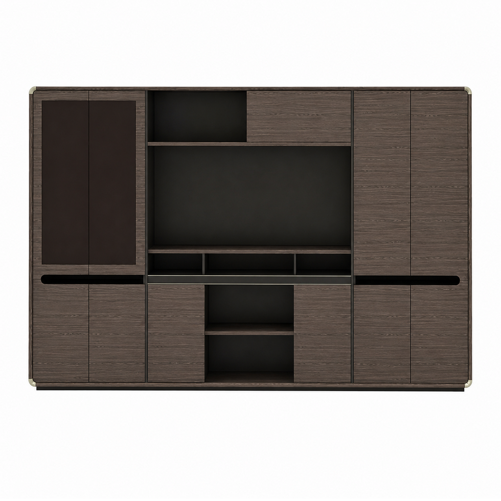 Executive Woodgrain Storage Cabinet with Rounded Corners and Display Shelves