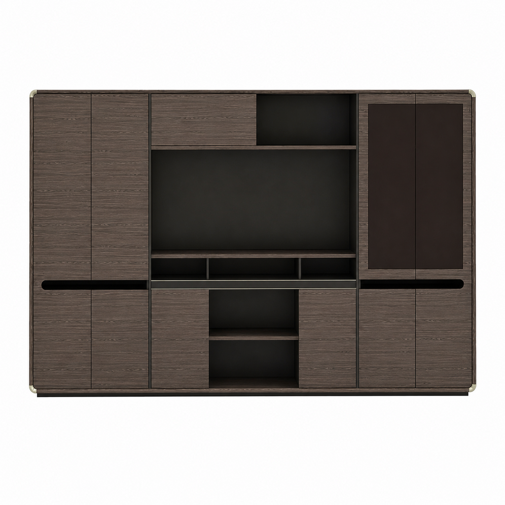 Executive Woodgrain Storage Cabinet with Rounded Corners and Display Shelves